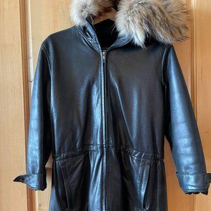 Designer Andrew Marc all leather fur collar coat, size small cut generous.